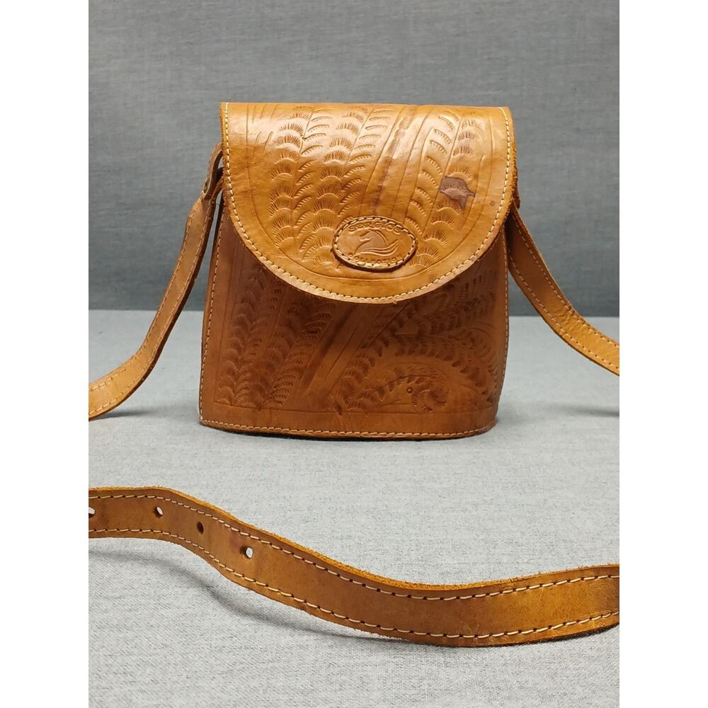Sergios Collection Leather Crossbody Bag Vintage Hand Tooled Floral Boho Purse